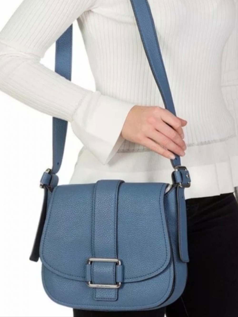 MICHAEL KORS Maxine Large Saddle Bag Blue Pebbled Leather